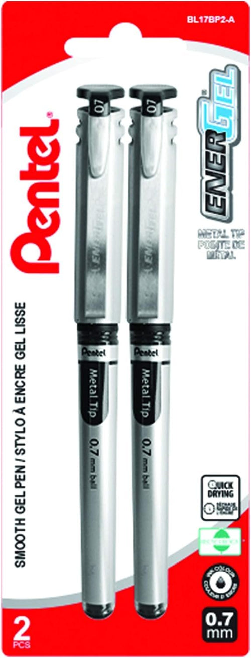 Pentel EnerGel Liquid Gel Rollerball Pen with Cap to Protect Pockets, Everyday Writing, Office Supplies, School Supplies, 0.7mm Medium Point, Black Ink, BL17BP2-A, 2 Pack