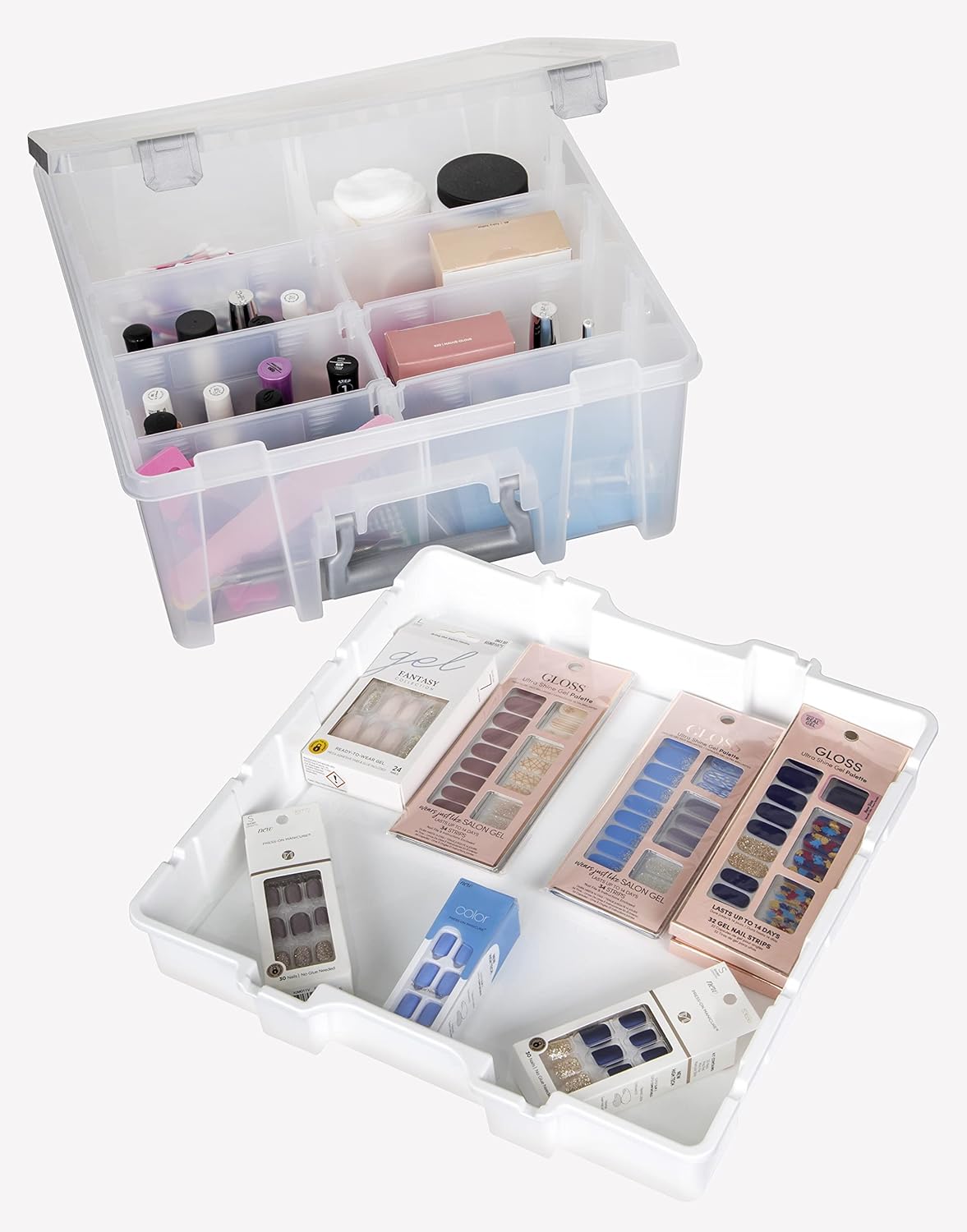 AB Designs 6899ABD Super Satchel Double Deep with Lift-Out Tray and Removable Dividers, Stackable Home Storage Organization Container, Clear with Sliver Latches and Handle