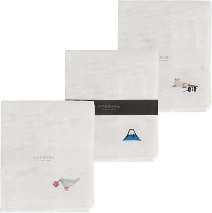 COTONOHA Japanese Kaya-Weave Dishcloth Set – Reusable and Quick-Drying Kitchen Towels with Embroidered Designs, Made in Japan, 3-Pack, 11.8 x 11.8 Inches (Pattern B)