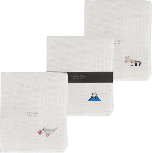 COTONOHA Japanese Kaya-Weave Dishcloth Set – Reusable and Quick-Drying Kitchen Towels with Embroidered Designs, Made in Japan, 3-Pack, 11.8 x 11.8 Inches (Pattern B)