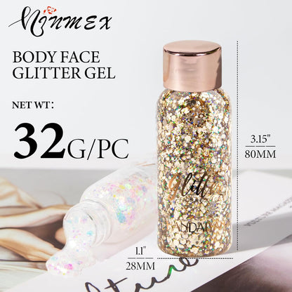 Body Glitter Gel, Face Glitter Gel,Intense Glitter Makeup Face Glitter Gel,Chunky Glitter for Eye Lip Hair Sparkling Body Glitter Gel for Women,Rave Glitter Festival Accessories（Champagne）