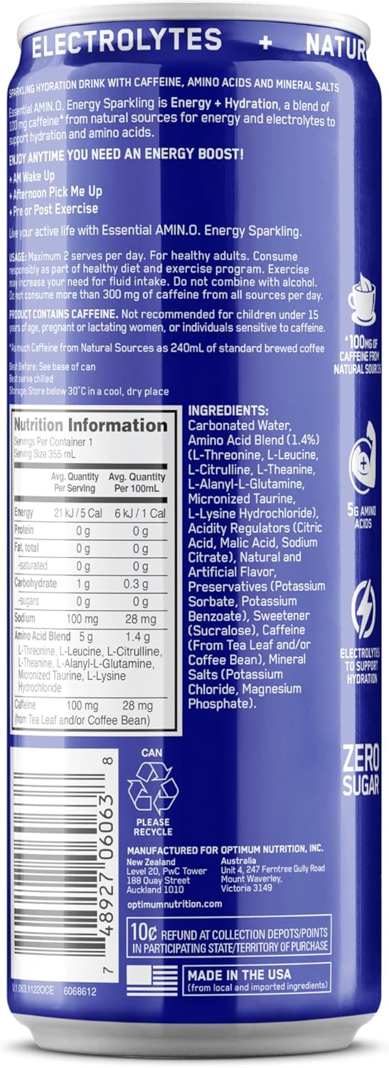 OPTIMUM NUTRITION Amino Energy + Electrolytes Sparkling Hydration Drink, Blueberry Lemonade Flavour, 355ml, 12 Pack