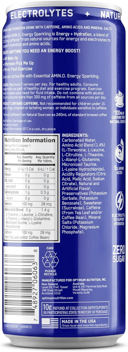 OPTIMUM NUTRITION Amino Energy + Electrolytes Sparkling Hydration Drink, Blueberry Lemonade Flavour, 355ml, 12 Pack