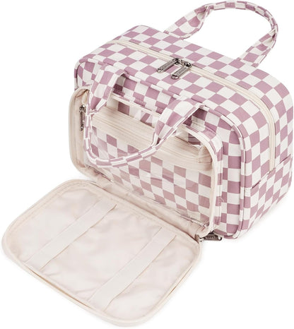 Narwey Full Size Checkered Toiletry Bag Women Travel Toiletries Bag Make Up Bag Large Cosmetic Makeup Organizer Bag for Travel Accessories Essentials (Dusty Rose Checkerboard)
