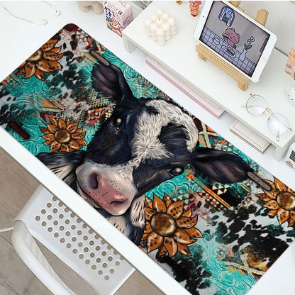 Cow Sunflowers Large Mouse Pad, PU Leather Desk Pad Protector, Non-Slip Computer Desk Writing Mat, Gaming Keyboard Mouse Pad, Office Desk Accessories