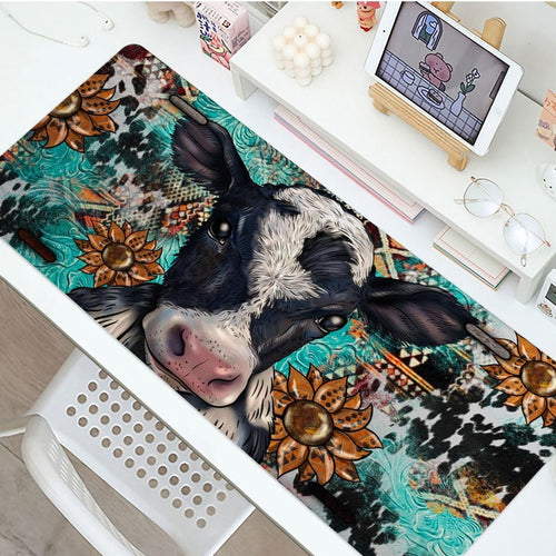 Cow Sunflowers Large Mouse Pad, PU Leather Desk Pad Protector, Non-Slip Computer Desk Writing Mat, Gaming Keyboard Mouse Pad, Office Desk Accessories