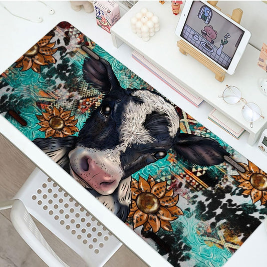 Cow Sunflowers Large Mouse Pad, PU Leather Desk Pad Protector, Non-Slip Computer Desk Writing Mat, Gaming Keyboard Mouse Pad, Office Desk Accessories