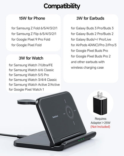 SwanScout Wireless Charger for Samsung Z Fold 6/5/Pixel 9 Pro Fold, SwanScout 705S, 3 in 1 Foldable Wireless Charging Station for Samsung Z Fold, Galaxy Watch 7/Ultra/6/5, Galaxy Buds 3 (No Adapter)