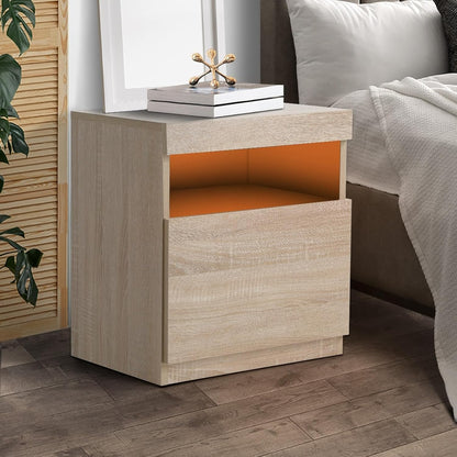 Oikiture Bed Side Table with LED Light Open Shelf and Storage Cabinet Wooden Bedside Table Nightstand