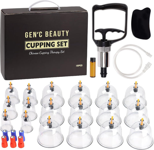 GEN'C BÉAUTY Cupping Therapy Set – 18-Piece Vacuum Massage Cups for Pain Relief & Muscle Recovery with Hand Pump