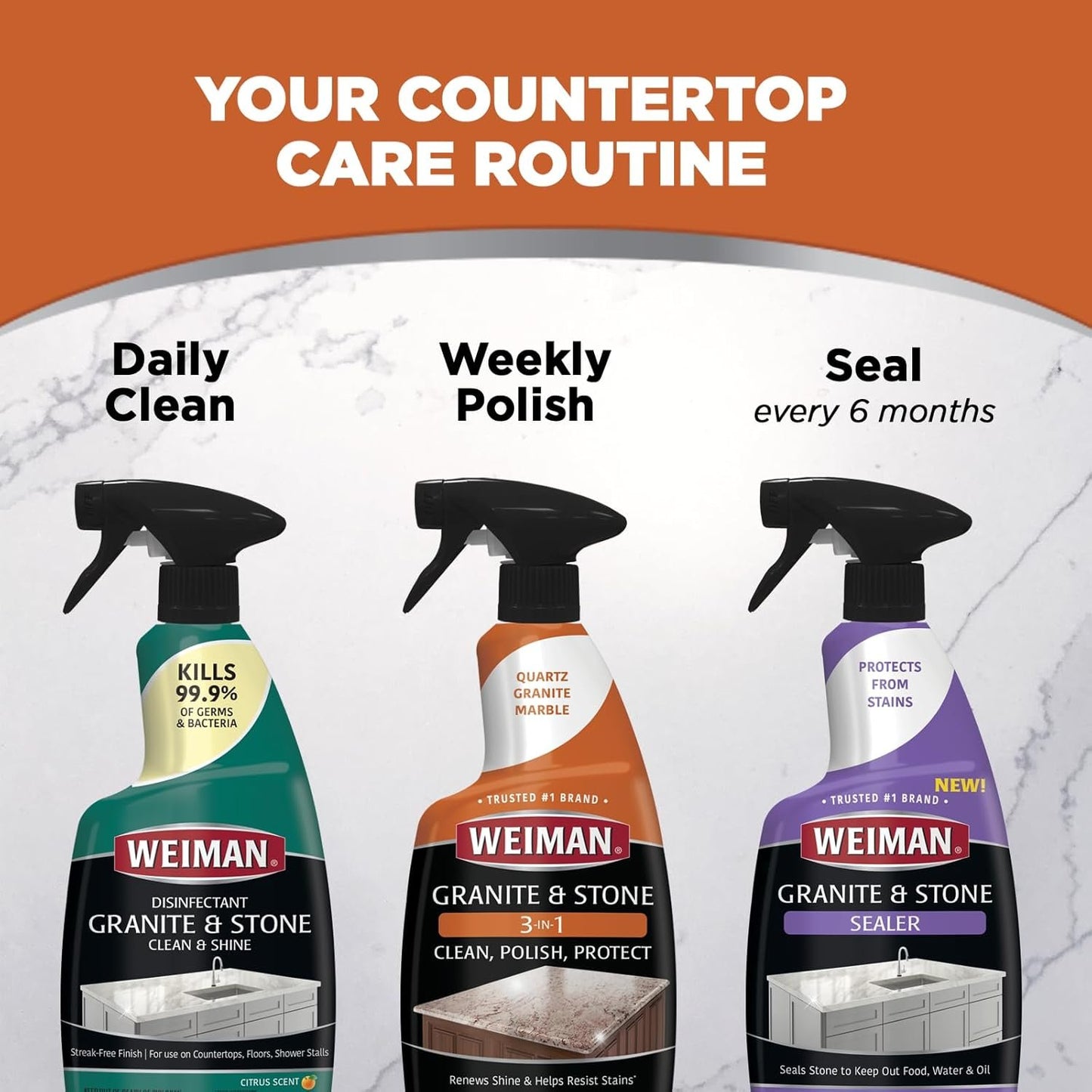 Weiman Granite Cleaner Polish and Protect 3 in 1-2 Pack - Streak-Free, pH Neutral Formula for Daily Use on Interior & Exterior Natural Stone w/Micro Fiber Towel