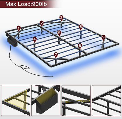 MAHANCRIS King Size Floating Bed Frame, Metal Platform Bed with Power Strip and LED Strip, Metal Bed Frame with Storage Box, Soundless, No Box Springs Needed, Black