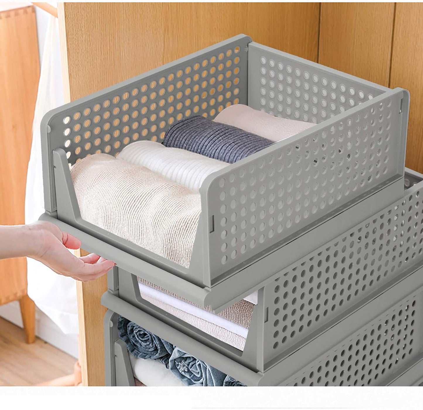 4-Pack Folding Wardrobe Storage Box Plastic Drawer Organizer Stackable Shelf Baskets Cloth Closet Container Bin Cube Home Office Bedroom Laundry Pull Out Drawer Dividers for Clothes,Toys Organization