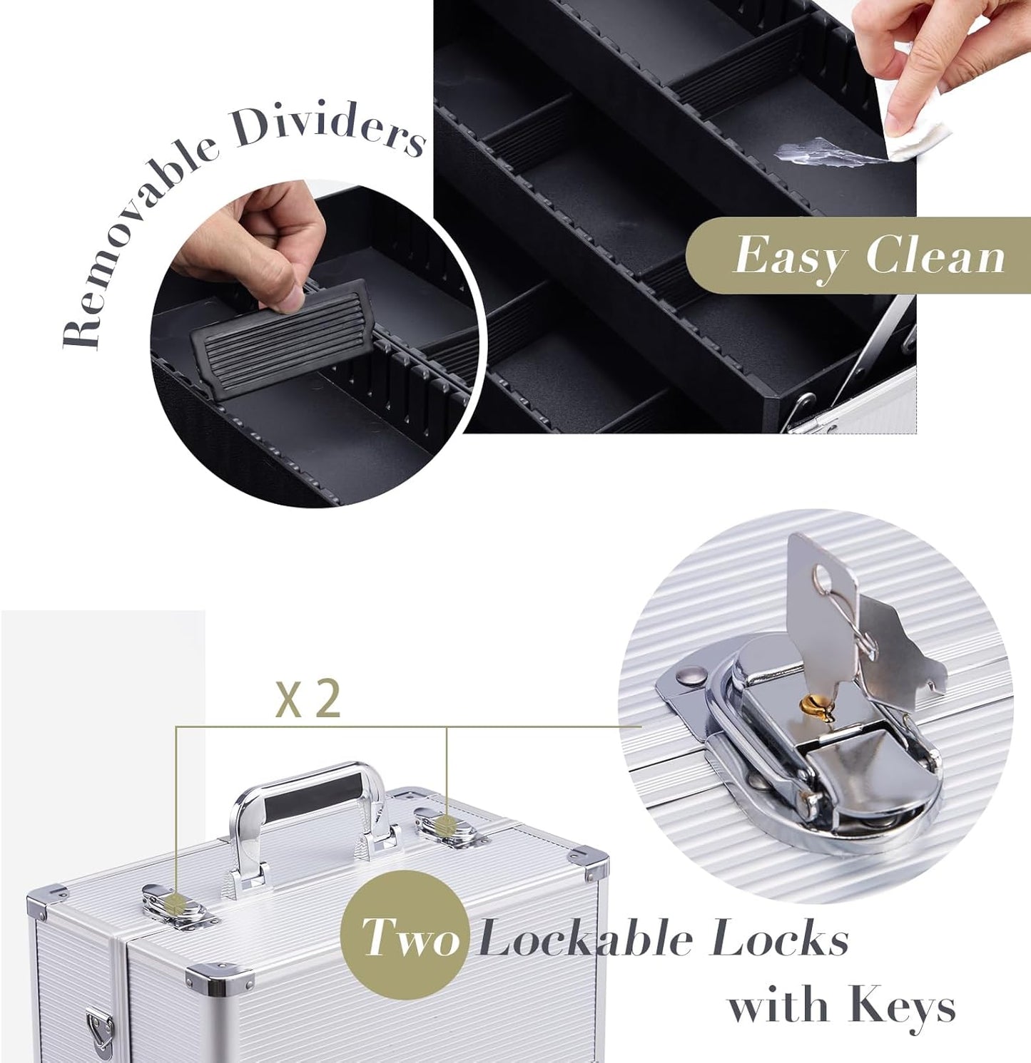 Joligrace Makeup Case for Nail Cosmetics Case Makeup Case Makeup Beauty Case Travel Case Professional Organizer Box Makeup Holder 6 Trays with Dividers and Shoulder Strap, silver, 36 cm x 22.5 cm x 27