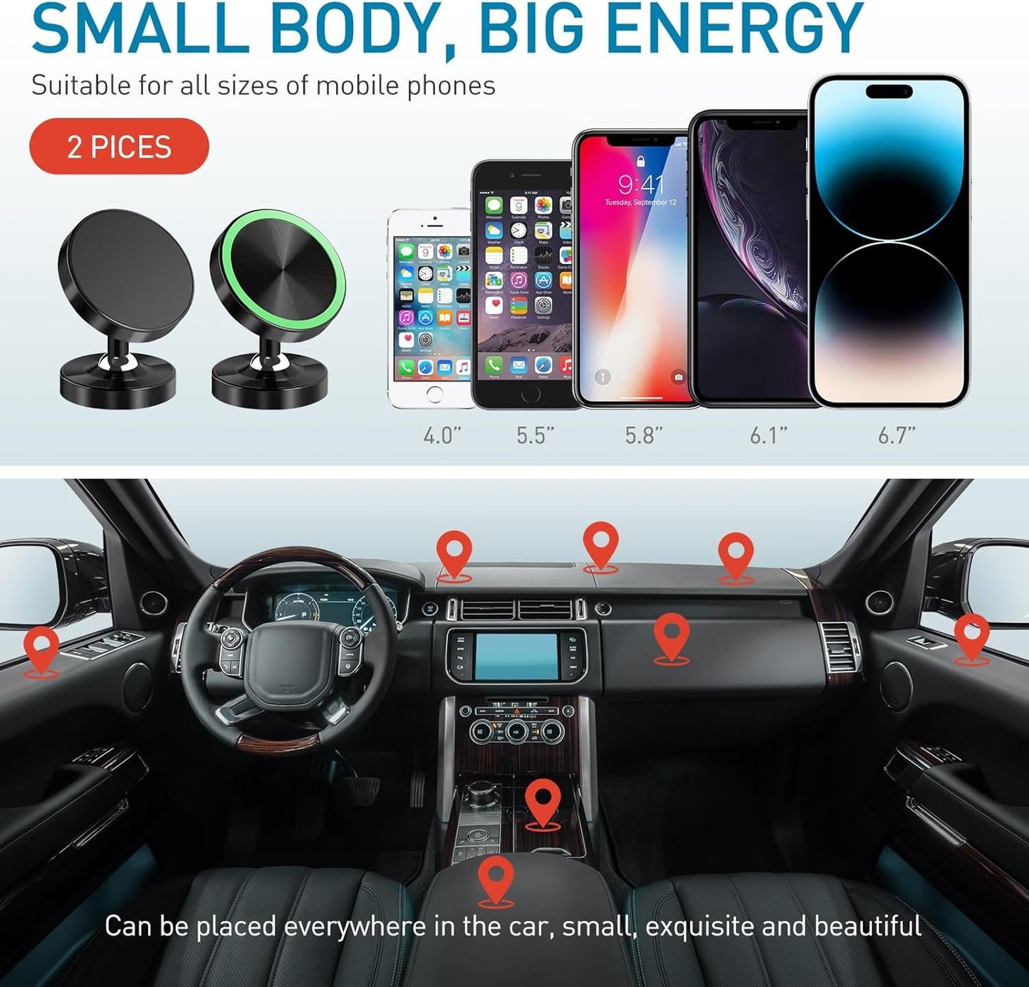 Viedouce Magnetic Car Phone Holder, 2 Pieces Mobile Phone Holder Car Magnet, 360° Universal Dashboard Mobile Phone Holder, Compatible with iPhone, Samsung Galaxy, Xiaomi, Huawei, LG ECC