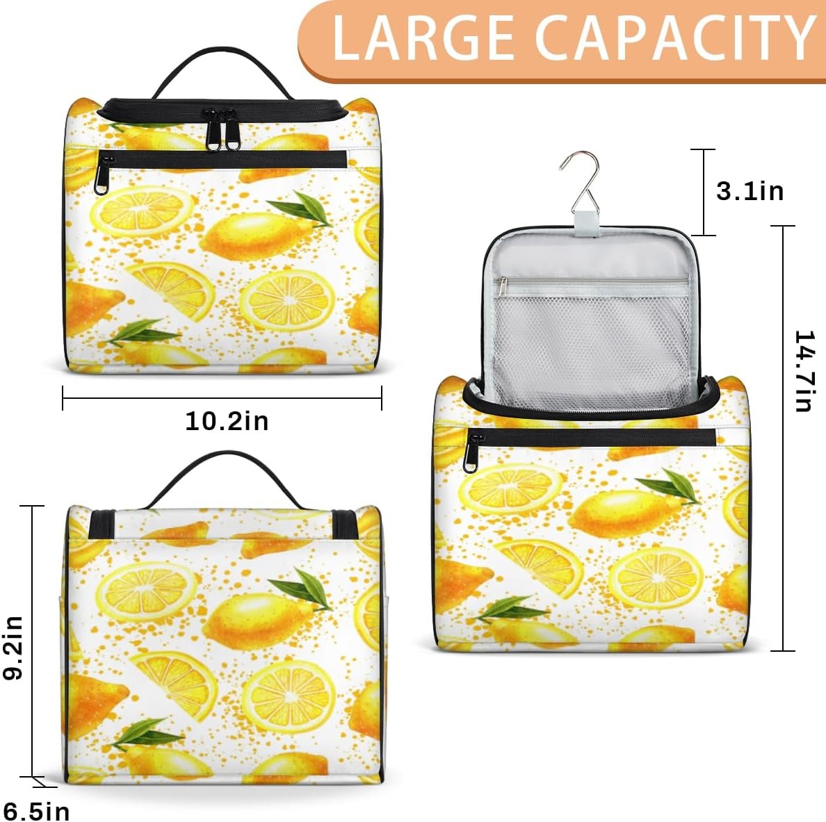 Lemon Fruit Travel Toiletry Bag for Men and Women Yellow Large Hanging Toiletry Organizer Waterproof Hygiene Bag with Metal Hook, Lemon Fruit, 10.2 x 6.5 x 9.2 inches