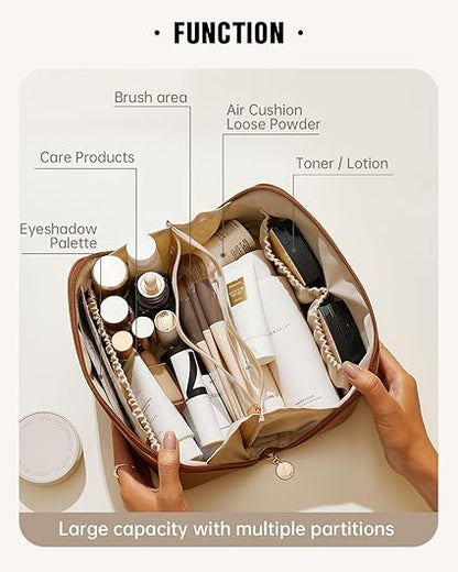 EACHY Travel Makeup Bag,Large Capacity Cosmetic Bags for Women,Waterproof Portable Pouch Open Flat Toiletry Bag Make up Organizer with Divider and Handle