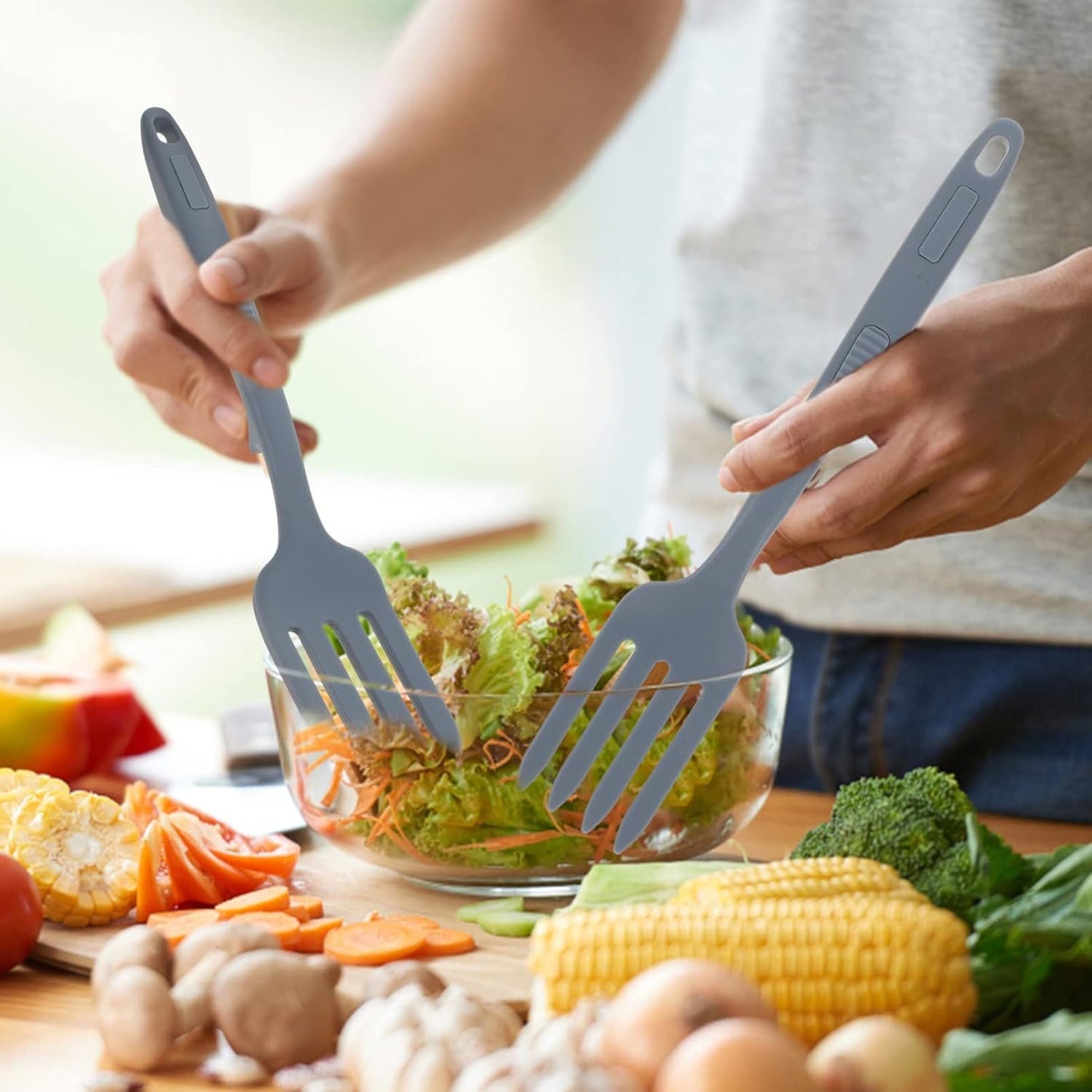 DECHOUS Grandi Forchette Per Cucinare Utensili in Silicone Forchetta Per Insalata Di Pasta Gadget Da Cucina Per La Casa Design Ergonomico
