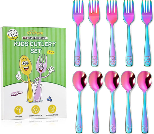VITEVER 10 Pack Toddler Utensils, Stainless Steel Rainbow Silverware Set for Kids, Children Safe Cutlery Set Includes Forks and Spoons - Dishwasher Safe