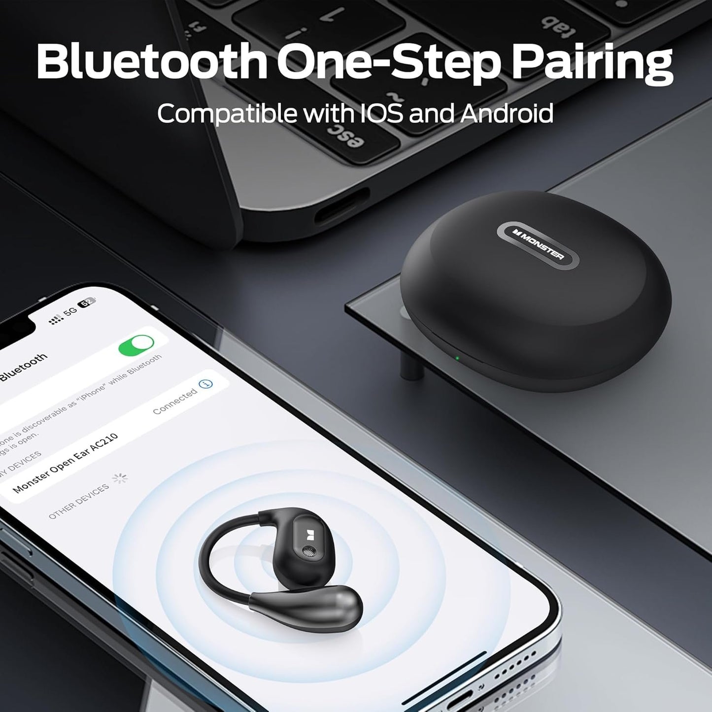 Monster Open Ear AC210 Headphones, Advanced Audio with Bluetooth 5.4, Wireless Headphones 30 Hours Playback, Type-C Charging, HD Voice Calls, Touch Controls, IPX5 Water Resistance – Black