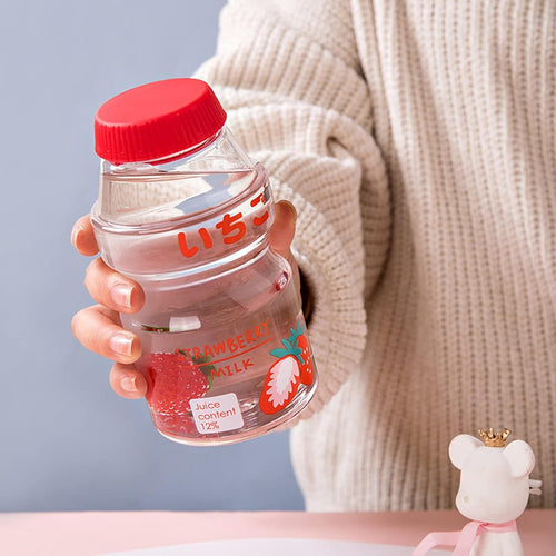 Yirepny Plastic Water Bottle Yakult Shape, Strawberry Lemon Avocado Peach Cartoon Pattern Suitable for Children Boys And Girls Can be Filled With Milk Coffee Cold Drinks Red