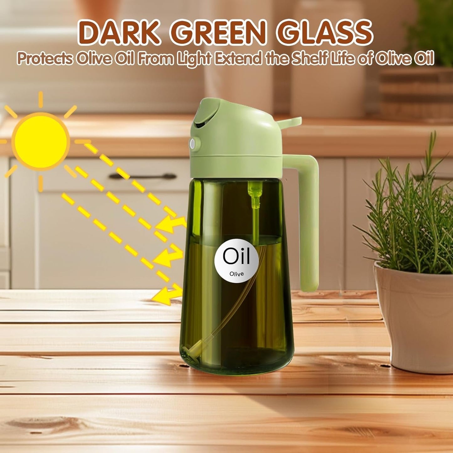 YARRAMATE 16oz/470ml Light-Blocking 2 in 1 Dark Oil Sprayer for Cooking, PremiumFood-Grade Dark Green Olive Oil Dispenser Bottle for Kitchen, Air Fryer, BBQ (Green)