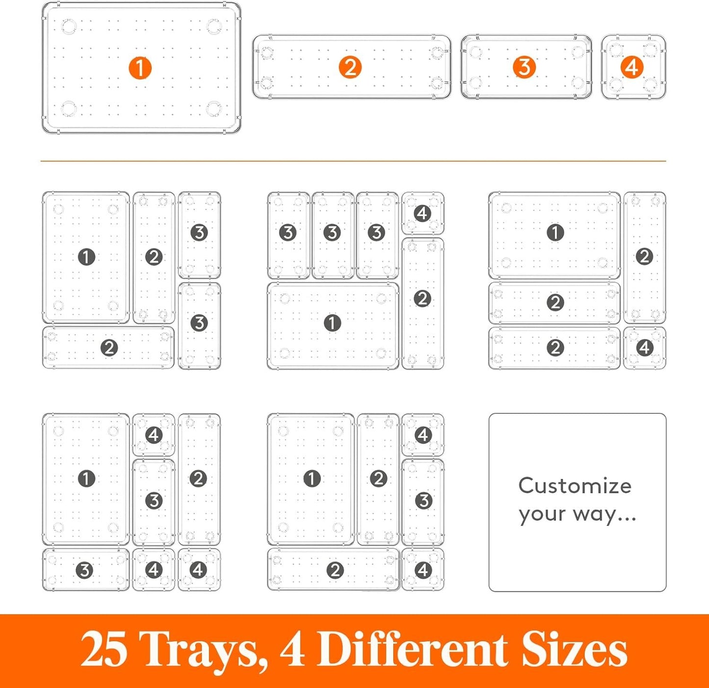 Lifewit 25 PCS Drawer Organizer Set Clear Plastic Desk Drawer Dividers Trays Dresser Storage Bins Separation Box for Makeup, Jewelries and Gadgets, Bedroom, Bathroom, Office