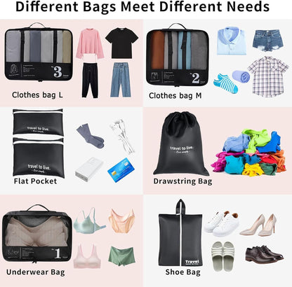Packing Cubes Compression Suitcase Organizer with Zipper, Set of 7, Useful Accessories, Travel Suitcase Set, Black