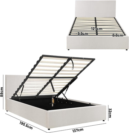 OIKITURE Bed Frame Gas Lift Base with Storage Space, Wooden Bed Frame Platform with Headboard White, Double Size, 195.5cm x 137cm x 88cm