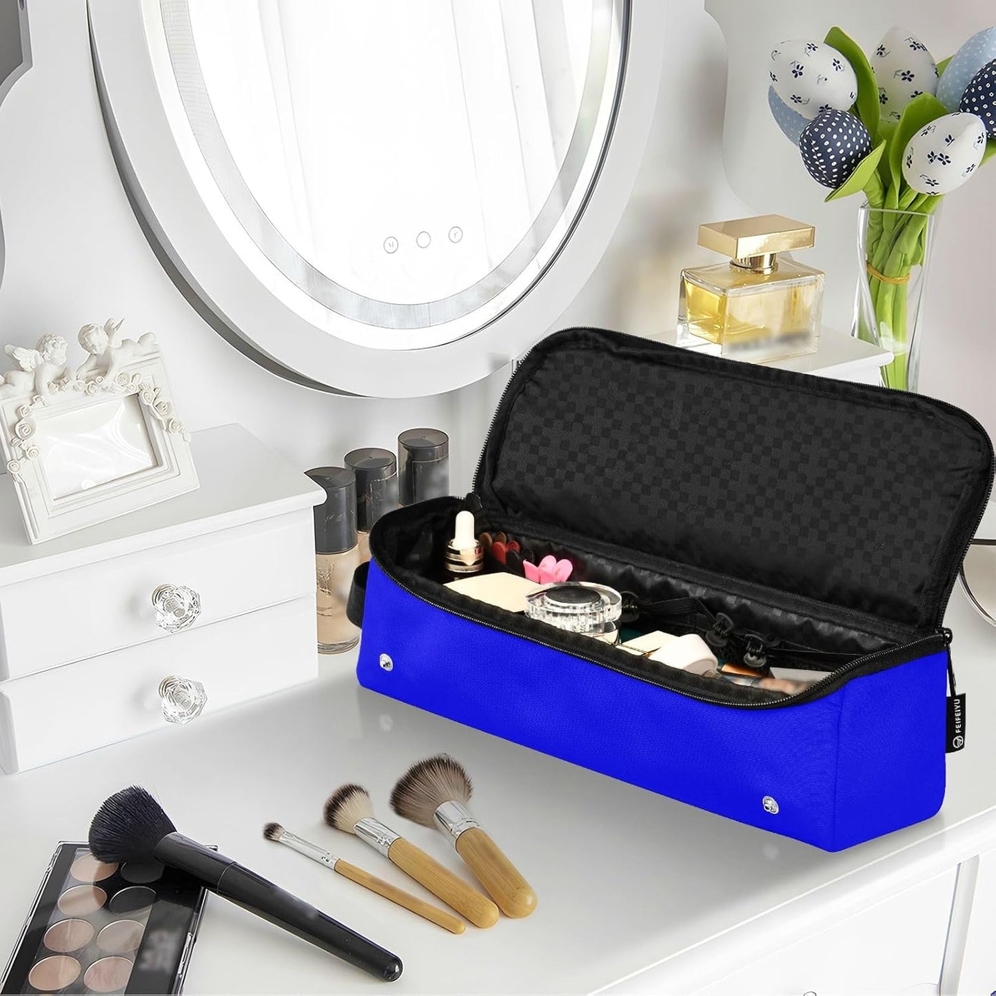 Custodia da viaggio per ferro arricciacapelli 2 in 1 blu brillante con tappetino in ferro impermeabile organizer da viaggio per strumenti caldi e accessori per la cura dei capelli portatili essenziali