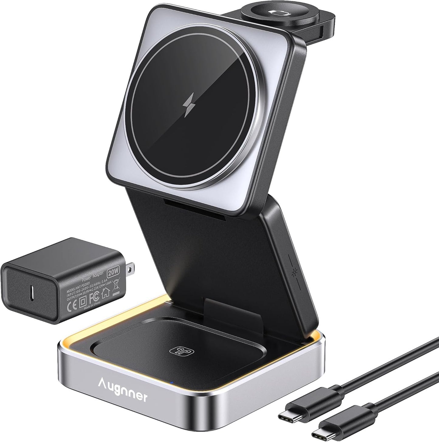 2025 Upgraded Wireless Charger 3 in 1, 15W Fast Foldable Wireless Charging Station with Light for Apple MagSafe, Compatible for iPhone 16/15/14/13/12 Apple Watch AirPods 3/2/Pro (20W Adapter)