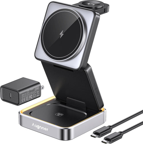 2025 Upgraded Wireless Charger 3 in 1, 15W Fast Foldable Wireless Charging Station with Light for Apple MagSafe, Compatible for iPhone 16/15/14/13/12 Apple Watch AirPods 3/2/Pro (20W Adapter)