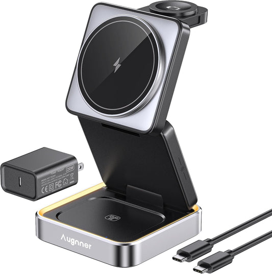 2025 Upgraded Wireless Charger 3 in 1, 15W Fast Foldable Wireless Charging Station with Light for Apple MagSafe, Compatible for iPhone 16/15/14/13/12 Apple Watch AirPods 3/2/Pro (20W Adapter)