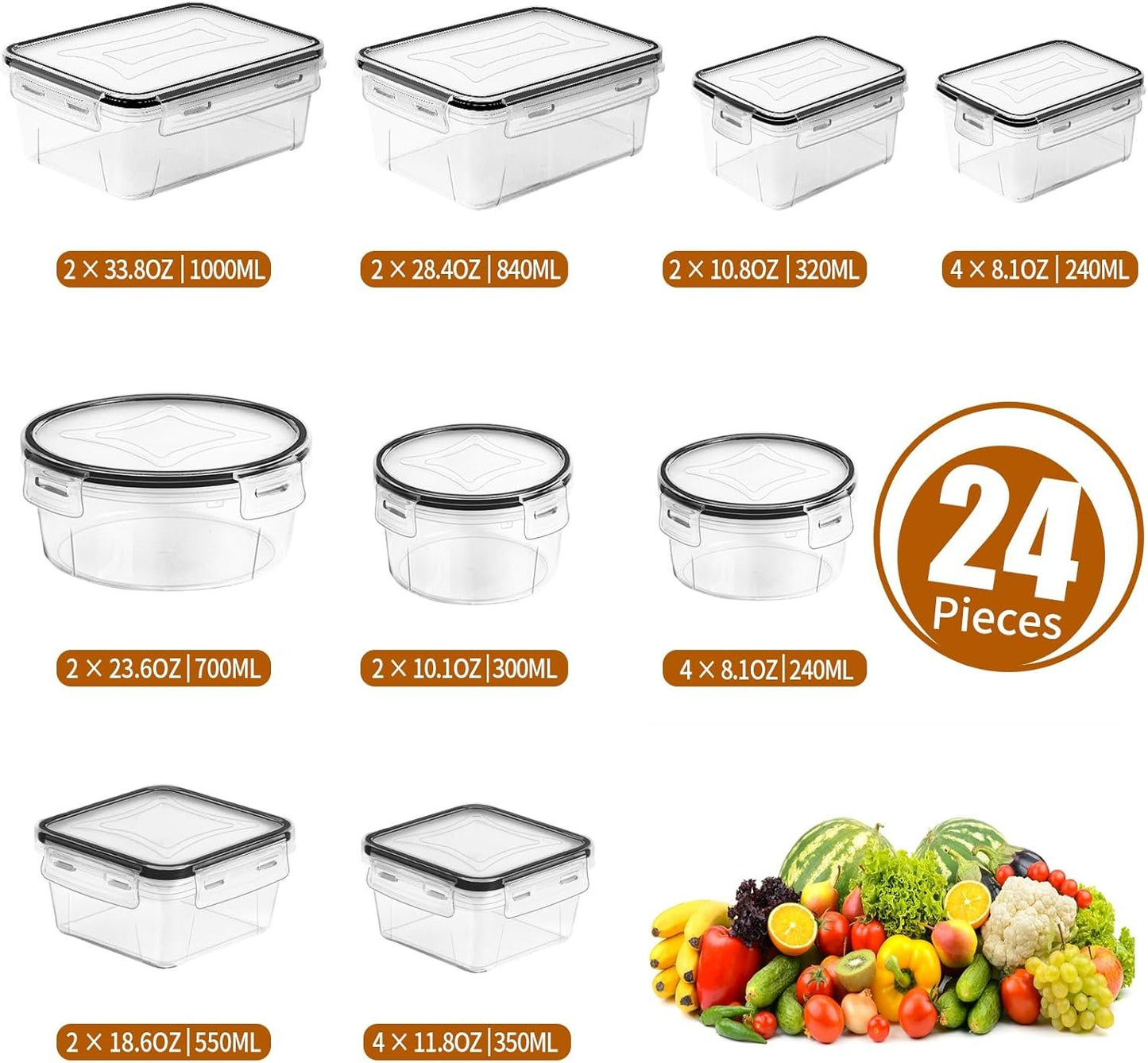 48 Pack Food Storage Containers with Airtight Lids (24 Containers & 24 Lids), PRAKI Kitchen storage containers for Pantry Organizers and Storage, Meal Prep Container with Labels & Marker