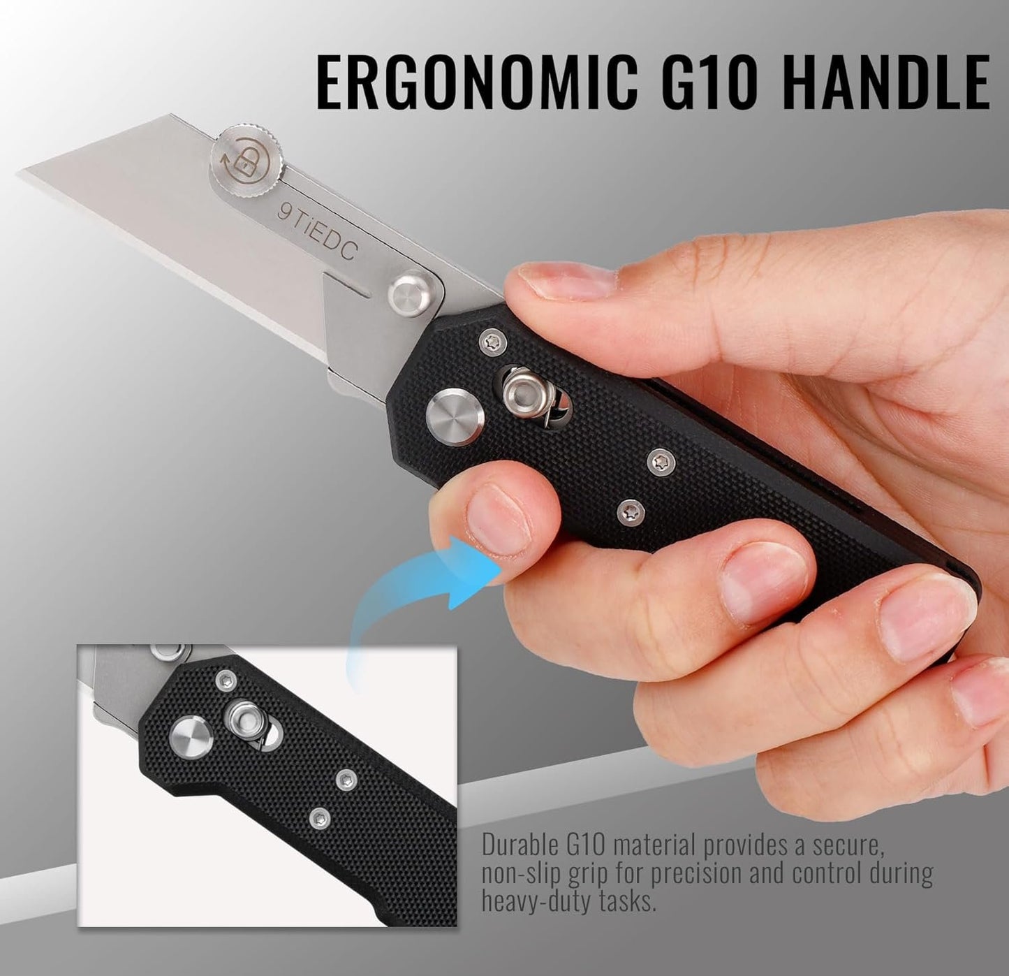9TiEDC Folding Utility Knife,G10 Handle Heavy Duty Safety Box Cutter,Razor Knife & EDC Pocket Knife with Extra 10PC Blades,Perfect for Household Tools,Office,Factory,Outdoor Use.