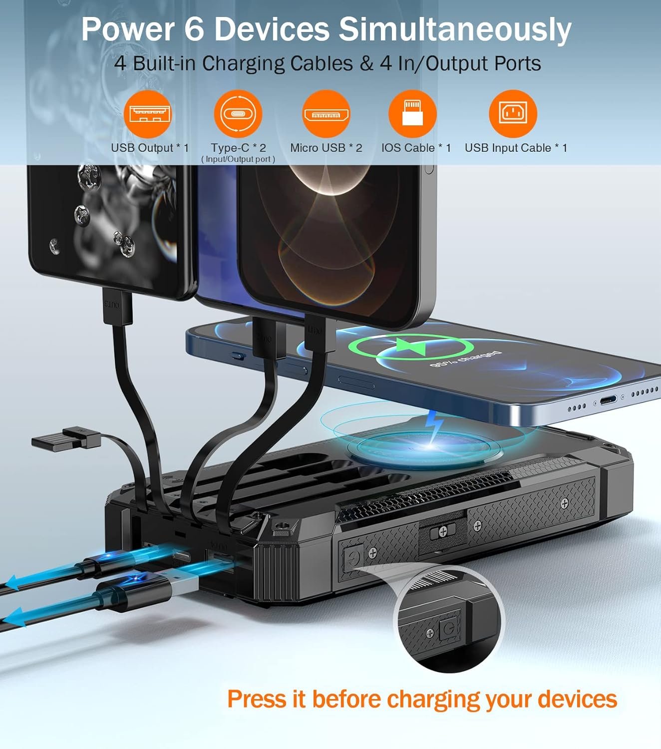 GOODaaa Wireless Solar Power Bank Portable Charger 26800mAh Built in 4 Cables Six Outputs 15W Fast Charging Power Bank for All Mobile Devices Three Inputs Solar Portable Charger with Dual Flashlights