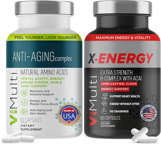 Vitmulti Ultimate Wellness Bundle: Anti-Aging Supplement Pills & Energy Supplements for Men and Women, Natural Amino Acids & B Complex Multi Blend with Acai for Energy, Immune Health, 60 Capsules Each