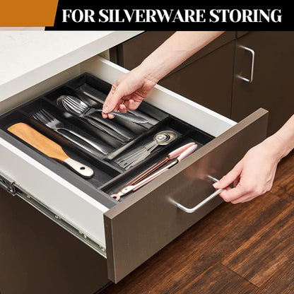 Kitchen Wood Utensil Tray Drawer Organizer, Wooden Cutlery Tray Silverware Drawer Divider 14.6"x9.5" Flatware Organizer Black Bamboo Silverware Tray Cutlery Utensil Holder for Drawer Tray