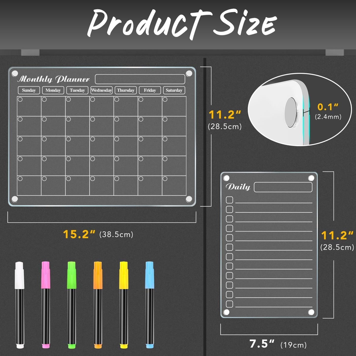 Planning Pads 4Pcs Fridge Calendars 2025 Acrylic Magnetic Calendar for Refrigerator Fridge White Board Calendar Chalk Dry Erase Magnets Chalkboard Monthly Weekly Planner with 6 Highlight Markers