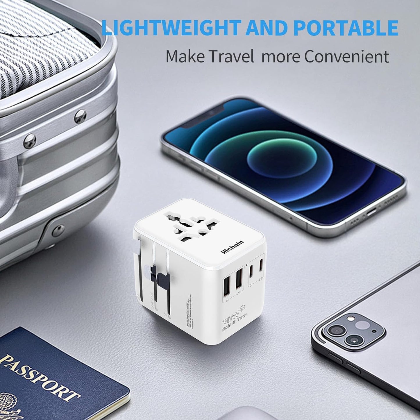 Hichain Universal Travel Socket 70W PD Fast Charging Travel Adapter 2 USB-A Ports 2 USB-C Ports International Travel Plug All-in-one Wall Adapter for USA EU UK AUS