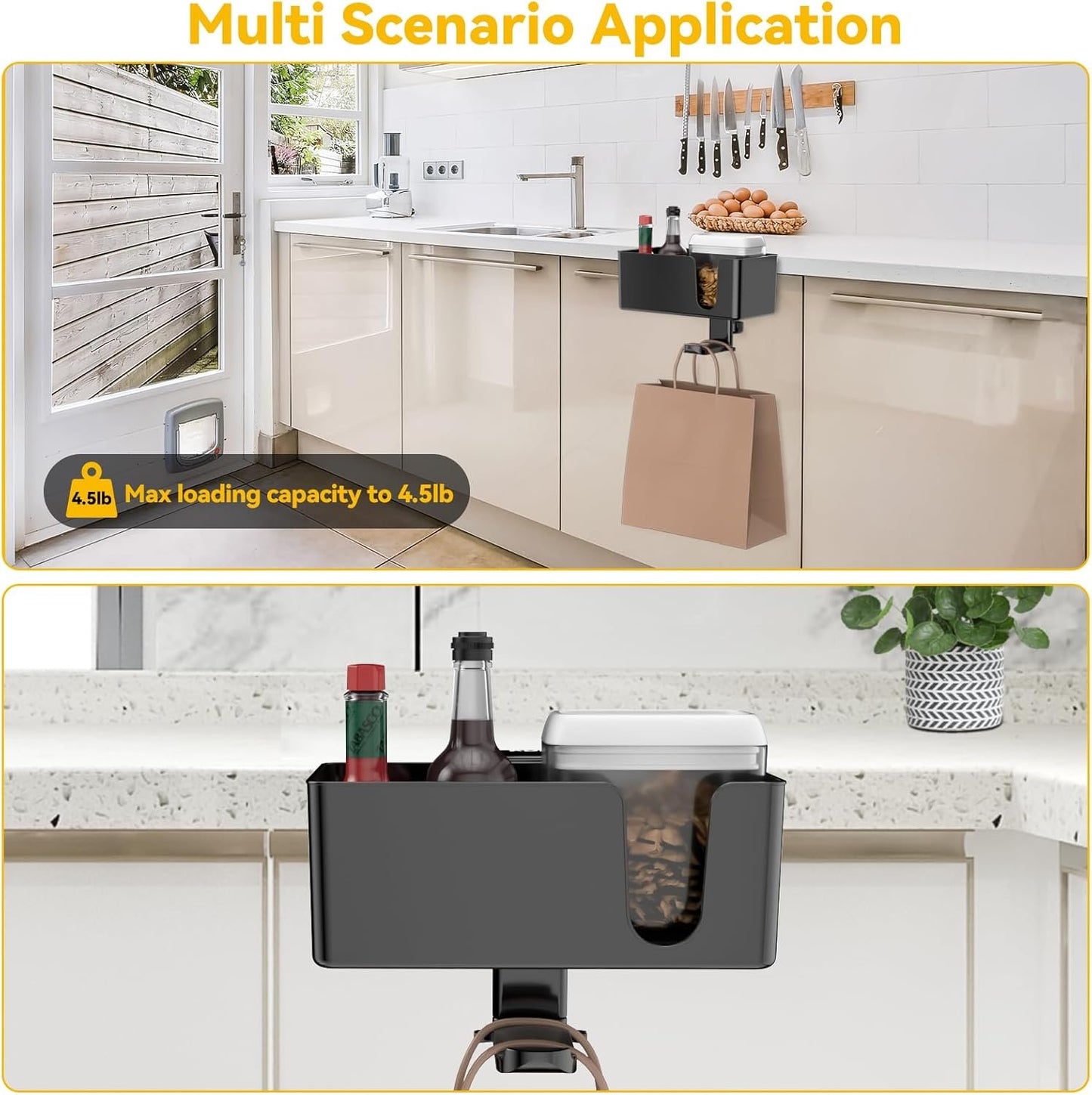 KDD 4 in 1 Desk Organizer - Under Desk Headphone Hook with 2 Wire Holes - Rotating Headphone Hanger and Detachable Storage for Cup, Phone and Pen(Black)
