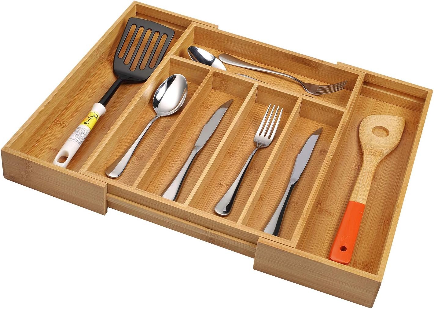 SafeHouseware Bamboo Expandable Cutlery Organizer Tray: Holds Silverware, Flatware, Utensils, Cutlery, Accessories or Gadgets Size:11.5" - 18" W X 15"d X 2" H