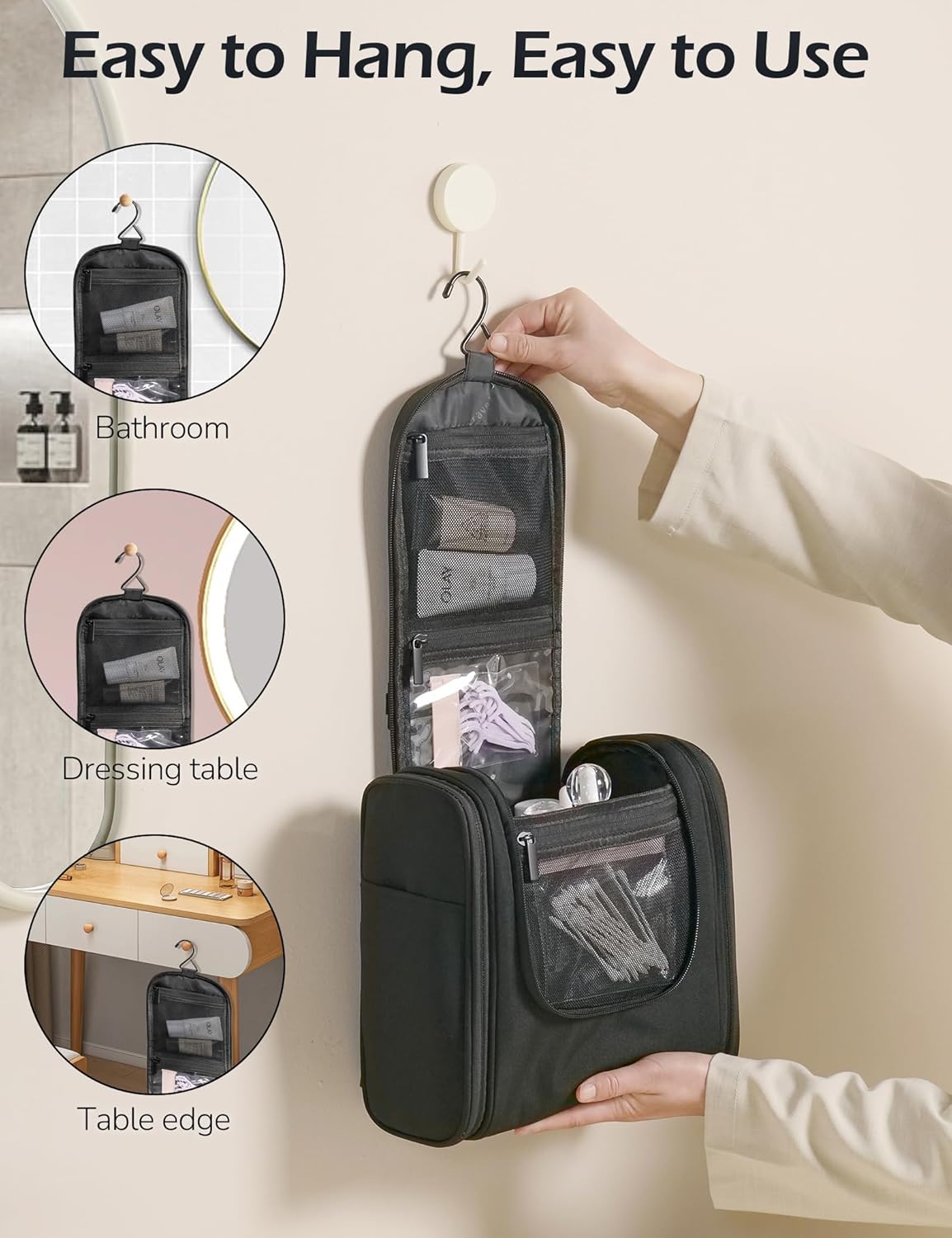 Travel Toiletry Bag for Women and Men, Travel Makeup Bag with Hanging Hook, Large Capacity Water-Resistant Organizer, Cosmetic Bathroom Travel Bag for Toiletries Accessories, Shampoo (Gray)