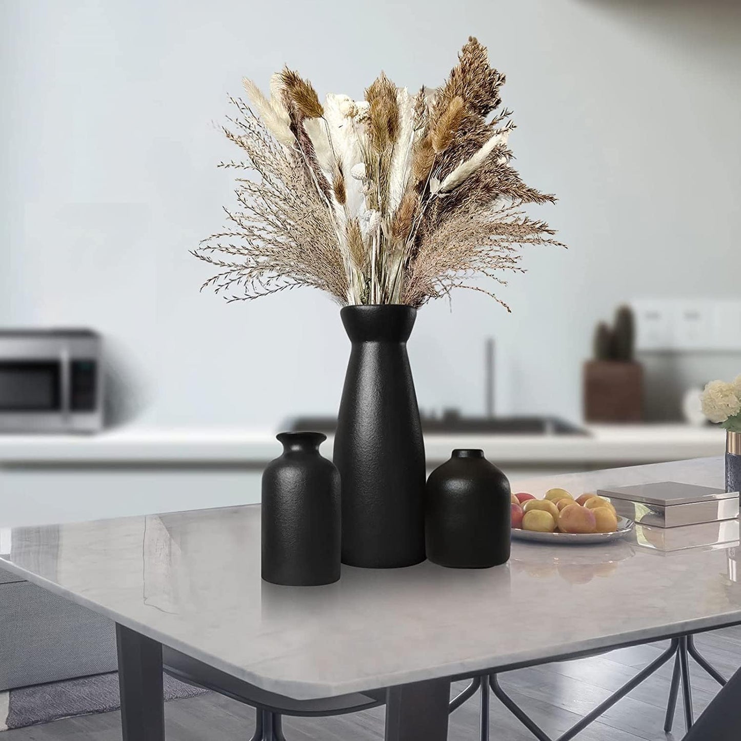Fohouse Ceramic Vases for Home Decor, Small Flower Vase Set of 3 for Pampas Grass, Home, Living Room, Dining Table, Farmhouse, Office Decor, Bedroom, Table, and Kitchen Shelf, Black