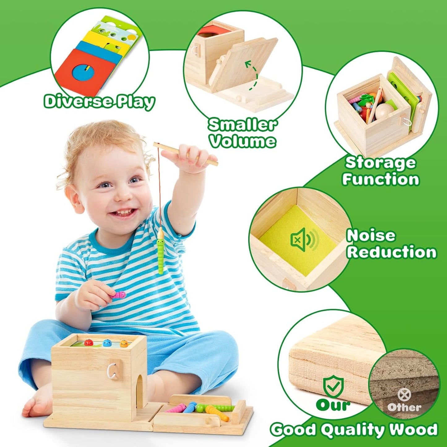 Wooden Montessori Toys for 1 Year Old, 5-in-1, Object Permanence Box, Coin Box, Carrot, Catch Worm, Shape Sorter, Learning Toy for Toddler Aged 1, 2, 3 Year Old Boys Girls