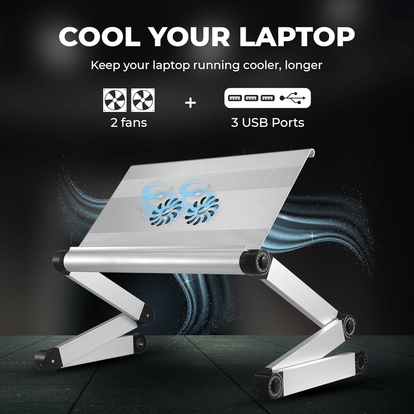 WorkEZ Cooling Adjustable Laptop Stand for Desk w/Fan USB Ports Mouse Pad Ergonomic Foldable Laptop Stand Portable Computer Stand Laptop Riser, Silver