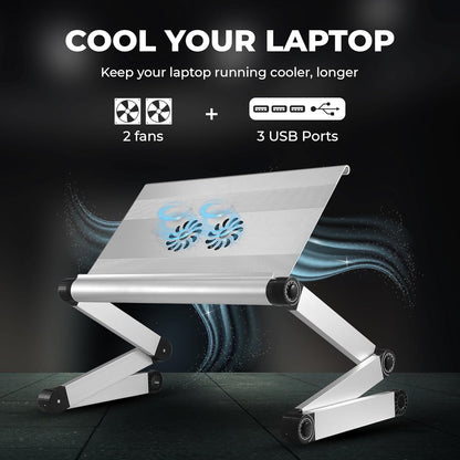 WorkEZ Cooling Adjustable Laptop Stand for Desk w/Fan USB Ports Mouse Pad Ergonomic Foldable Laptop Stand Portable Computer Stand Laptop Riser, Silver