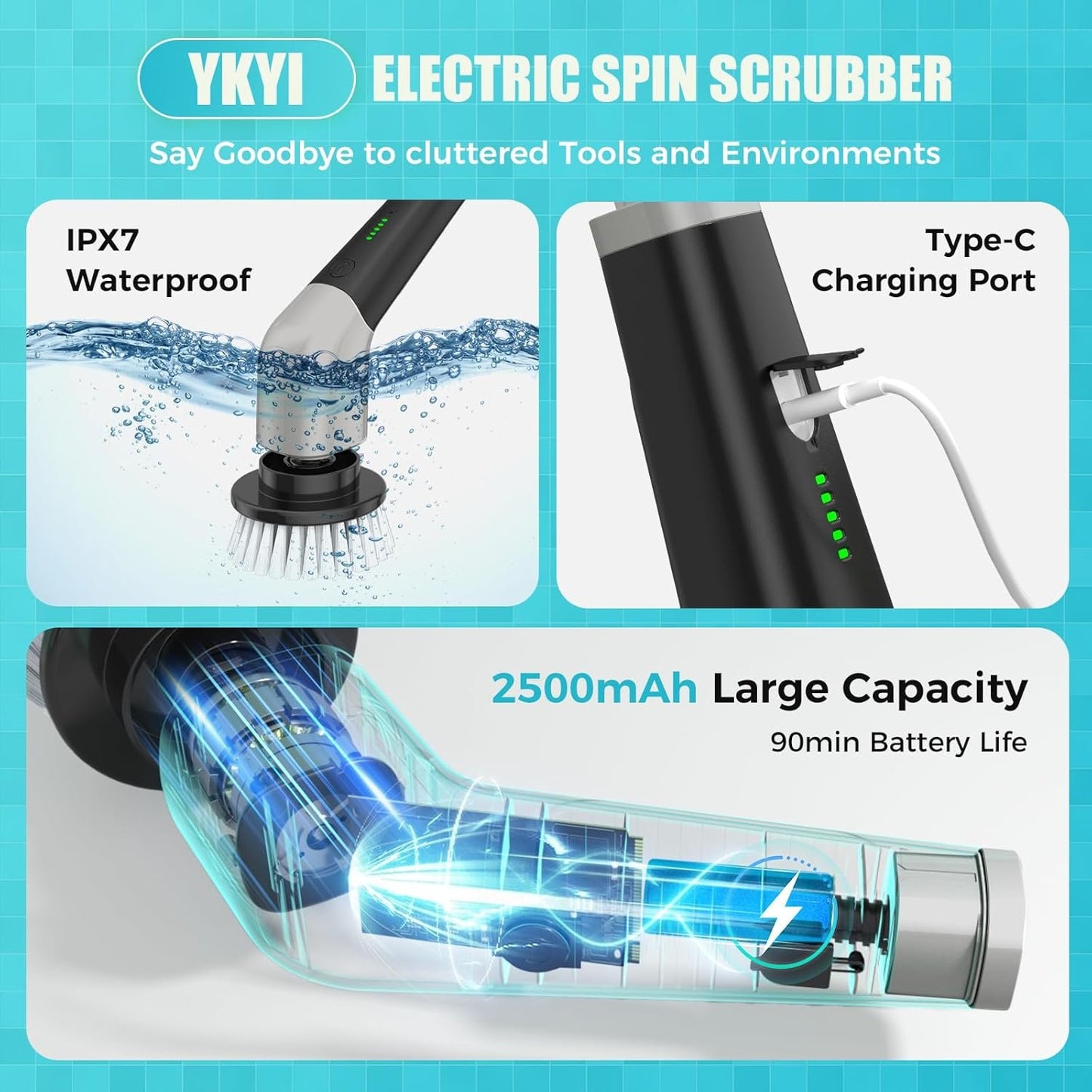 YKYI Electric Spin Scrubber,Bathroom Cleaning Brush, Electric Cleaning Brush with 8 Replaceable Brush Heads,2-Speed Shower Cleaner Brush with Long Handle for Bathroom, Tub, Kitchen, Window