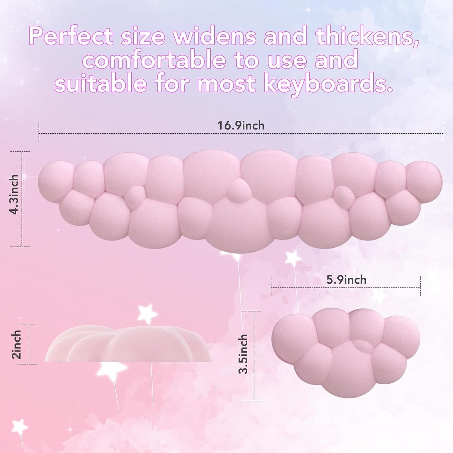 Keyboard Cloud Wrist Rest 2PCS, Memory Foam Keyboard Palm Rest, Ergonomic Keyboard Pad Wrist Support, Mouse Pad Rest Support for Office/Computer/Laptop/Gaming/Mac,Pink(Purplish Pink)