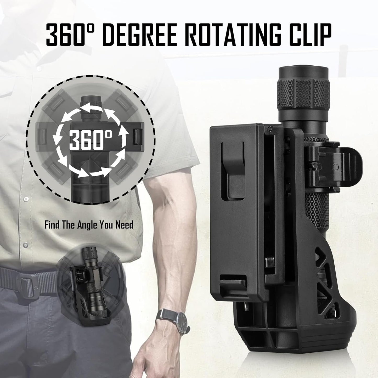 FandyFire Tactical Flashlight Holster, Rotatable Flashlight Holster for Duty Belt, Flash Light Holder with Lever Side Lock System, Only Suitable for 0.9"-1.2" Diameter Flashlights W66
